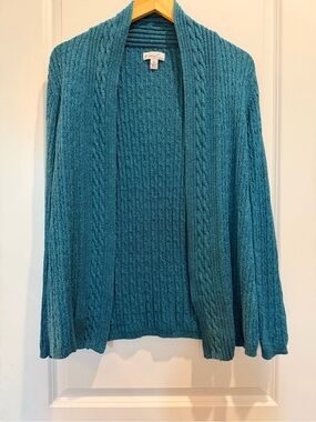 Kim Rogers 100% Cotton Cable Knit Open Cardigan Sweater Teal Blue Medium
